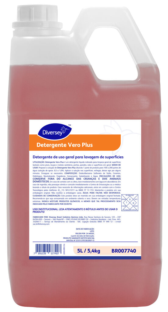 DETERGENTE VERO PLUS 4x5L - DETERGENTE DE USO GERAL PARA SUPERFÍCIES LAVÁVEIS